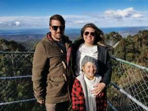 Merriott, pictured here touring Tasmania with her fiancé William Wilson and her daughter Annika, is one of MacEwan University’s Distinguished Alumni Award recipients. SUPPLIED