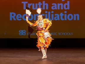 Elissa Gadwa from Kehewin Cree Nation performs at a public schools event honouring the National Day forTruth and Reconciliation, featuring dance , Inuit drumming , performance by knowledge keepers, and words from an Elder. Taken on Thursday, Sept. 29, 2022 in Edmonton. Greg Southam-Postmedia