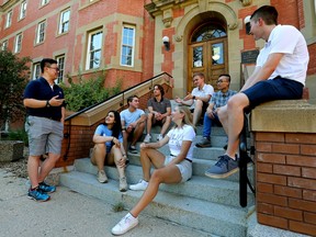 Colin Tran, president and founder of NXT-GEN (left), and members of NXT-GEN club chat as they pose for a photo at the University of Alberta, in Edmonton Friday Sept. 2, 2022. NXT-GEN is a student-led club that is launching an entrepreneurship accelerator program this fall. Photo By David Bloom