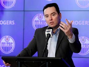 Head coach Jay Woodcroft speaks to the media following the conclusion of the Edmonton Oilers' 2021-22 NHL season, in Edmonton, Wednesday, June 8, 2022.