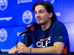 Xavier Bourgault speaks to the media during the first day of Edmonton Oilers rookie camp at Rogers Place, Wednesday Sept. 14, 2022.