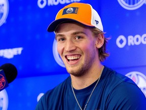Dylan Holloway speaks to the media during the first day of the Edmonton Oilers rookie camp at Rogers Place, Wednesday, September 14, 2022. Photo by David Bloom