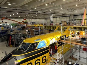 An aircraft is under conversion in Calgary as part of the CL-415EAF Enhanced Aerial Firefighter program at an existing De Havilland plant in Calgary