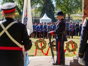 Police and peace officers take part in the 24th annual Police and Peace Officers' Memorial Day ceremony on Sunday, Sept. 25, 2022, on the south grounds of the legislature. This ceremony honours the sacrifice of the 101 men and women who have died in the line of duty in Alberta since 1876 and recognize the families and friends of the fallen.