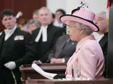 Queen Elizabeth II addresses the Alberta Legislature in Edmonton, Alberta May 24, 2005. This is the first time the Queen has addressed the Alberta provincial chamber.