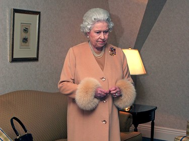 Queen Elizabeth II in deep thought at the Hotel MacDonald in Edmonton, Canada on May 23, 2005. The Queen's platinum jubilee, celebrating 70 years on the throne, is being celebrated around the world in June 2022.