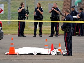 Edmonton police investigate near Hermitage Road and Henry Avenue in northeast Edmonton on Wednesday, Sept 7, 2022 after a a random attack left one person dead and two others injured. A suspect is in police custody.