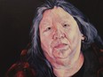 Detail of Carol Wylie's painting Belinda (two-pipe woman) up at Stanley A. Milner Library.