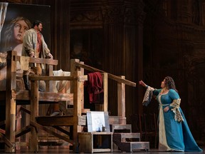 David Pomeroy as Cavaradossi, left, and and Karen Slack as Tosca, in Puccini's Tosca presented by Edmonton Opera.