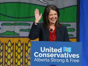 Danielle Smith celebrates at the BMO Centre in Calgary following the UCP leadership vote on Thursday, October 6, 2022.