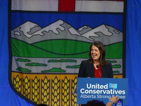 Danielle Smith celebrates at the BMO Centre in Calgary following the UCP leadership vote on Thursday, Oct. 6, 2022.