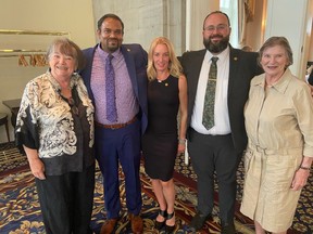 Gathering warm applause at a sold-out Fairmont Hotel Macdonald lunch last week were Roozen Family Hospice Centre founders Marion Boyd (extreme left) and Dr. Helen Hays (extreme right) and speakers (l to r) Dr. Dinesh Witharana, Teresa Melton and Nathan Dekker.
