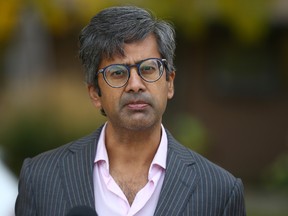 Calgary-Elbow NDP candidate Samir Kayande speaks to media at a news conference in southwest Calgary on Wednesday, Oct. 5, 2022.