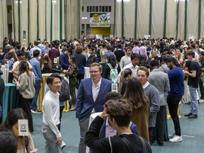 Business students gather in the University of Alberta Butterdome to start charting a course toward revitalizing Downtown Edmonton as part of the Axford Impact Series on Monday, Oct. 3, 2022.