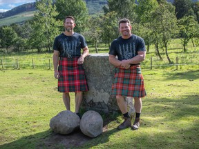 Dale Nisbet, left, and brother Dave Nisbet on their recent five-day trip to Scotland, where they showed their strength by lifting 12 ancient heritage stones.