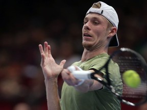 Denis Shapovalov of Canada returns a ball to Daniil Medvedev of Russia during the final match at the Erste Bank Open ATP tennis tournament in Vienna, Austria, Sunday, Oct. 30, 2022.&ampnbsp;