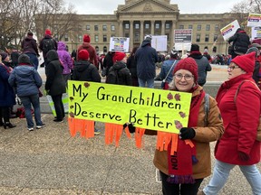 'Defend public education': Albertans pack Legislative grounds for rally 3 Edson's Wendy Palk, whose grandson is in kindergarten, holds a sign during Saturday's education rally at the Alberta Legislative Assembly and said she was worried about the program. Alberta teachers, parents and education advocates from across the province gathered in the Alberta Legislative Assembly on Saturday, October 22, 2022 to celebrate public education and demand that it become and remains a priority for those currently in office and those seeking office in the upcoming provincial election. Kellen Taniguchi/Postmedia