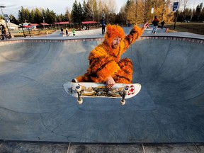 Tyler Krook takes part in a Halloween themed skateboard jam at the Woodlands Skatepark in St. Albert, Saturday, Oct. 29, 2022.