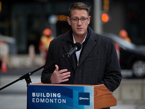 Adam Laughlin city of edmonton deputy city manager integrated infrastructure speaks at a news conference in October 2022