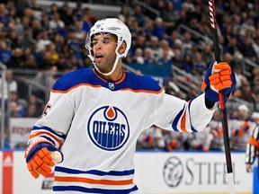 Oct 26, 2022; St. Louis, Missouri, USA; Edmonton Oilers defenseman Darnell Nurse (25) reacts after scoring against the St. Louis Blues during the first period at Enterprise Center. Mandatory Credit: Jeff Curry-USA TODAY Sports