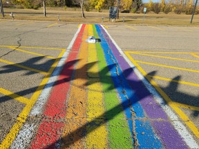 Mounties in Parkland County are investigating a possible hate crime after a severed pig's head was left on the rainbow Pride crosswalk painted at Graminia School. (Supplied photo/RCMP)