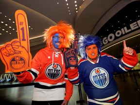 Edmonton Weather: Not Sure I Buy the Forecast, But I Like It 5 (left to right) Phill Zurfluh and Darin Ryan prepare to cheer on the Edmonton Oilers in their home opener against the Vancouver Canucks at Rogers Place in Edmonton on Wednesday, October 12, 2022.