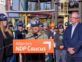 Rachel Notley and Christina Gray, Alberta NDP Critic for Labour, are joined by Terry Parker, Executive Director of the Building Trades of Alberta, to announce a major commitment to skilled trades workers on Wednesday, Oct. 19, 2022 in Edmonton.   Greg Southam-Postmedia
