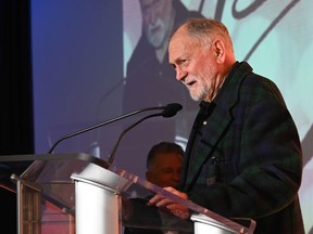 Nick Lees thanks the crowd attending his 80th birthday charity dinner at the Westin Hotel in Edmonton on Friday, Oct. 14, 2022. The birthday bash raised an astonishing $250,000 for the University Hospital Foundation. Photo by Walter Tychnowicz/Wiresharp Photography )