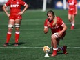 Team Canada's Sophie de Goede lines up for a penalty kick against Team Italy during second half test match rugby action at Starlight Stadium in Langford, B.C., on Sunday, July 24, 2022.THE CANADIAN PRESS/Chad Hipolito