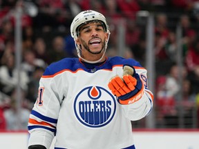 WASHINGTON, DC - NOVEMBER 07: Evander Kane #91 of the Edmonton Oilers reacts against the Washington Capitals during the first period of the game at Capital One Arena on November 07, 2022 in Washington, DC.