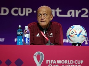 Chairman of the FIFA Referees Committee, Pierluigi Collina talks to the media during the Referees Media Day ahead of the official start of FIFA World Cup Qatar 2022 at Qatar Sports Club on November 18, 2022 in Doha, Qatar.