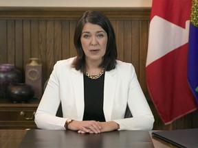 Premier Danielle Smith during her televised address to Albertans on Tuesday, November 22, 2022.
