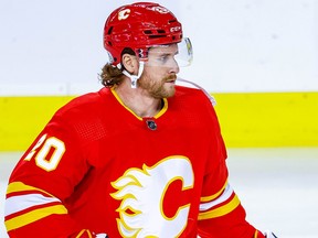 Calgary Flames Blake Coleman during the pre-game skate before facing the Edmonton Oilers in NHL hockey at the Scotiabank Saddledome in Calgary on Saturday, October 29, 2022.