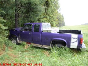 Clayton Crawford's truck, after it came to a rest on the north side of Highway 43 after Crawford was repeatedly shot by RCMP members on July 3, 2018. Crawford's truck was on an RCMP BOLO (be on the lookout for) notice related to a shooting in Valhalla Centre the previous day. The investigator on that case testified that Crawford was considered a witness, not a suspect.