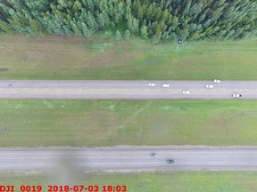 An aerial view showing the route of Clayton Crawford's truck after he was shot by RCMP officers at the Chickadee Creek rest stop near Whitecourt on July 3, 2018. The road is Highway 43 near Whitecourt.