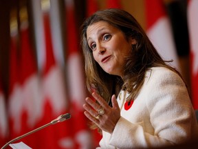 Finance Minister Chrystia Freeland attends a news conference after delivering the fall economic statement in Ottawa on Thursday.