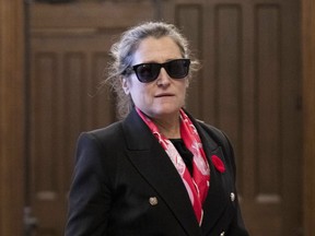Finance Minister Chrystia Freeland leaves caucus on Parliament Hill, November 2, 2022.