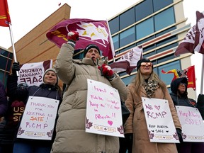 The Union of Safety and Justice Employees (USJE) and the Prairie region of the Public Service Alliance of Canada (PSAC) held a rally to "Keep the RCMP in Alberta" outside Mounties' K Division headquarters in Edmonton on Thursday, Nov. 17, 2022.