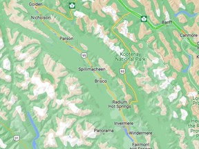 Google map shows location of Highway 93 in Kootenay National Park.