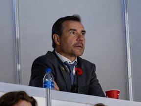 Hamilton Bulldogs president and general manager Steve Staios watching his team in the opening game of the Memorial Cup against the Saint John Sea Dogs are Harbour Station arena in Saint John, N.B., on June 20, 2022.