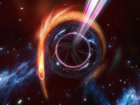 This handout picture released on November 30, 2022 by Nature Publishing Group shows an artist impression illustrating observations of a rare tidal disruption event (TDE), bursts of energy released when a star is torn apart by a supermassive black hole, findings that may improve our understanding of the properties of black holes at cosmological distances.