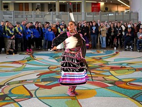 Cara Morin (Dancing Cree Dancers) performs in Ford Hall at  Rogers Place in Edmonton on November 1, 2022, during a fundraising event for Boyle Street Community Services in their goal for a new space.