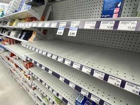 Empty shelves of children's pain relief medicine are seen at a Toronto pharmacy Wednesday, August 17, 2022. Two Ontario pediatric hospitals say they're facing shortages of common pain relievers amid supply disruptions in some parts of the country.