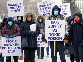 People protested at a rally outside the Alberta Legislative Assembly in Edmonton on Tuesday. urged urgent action to be taken against the ongoing drug addiction crisis. They wanted to remove barriers to evidence-based services such as monitored consumption, regulated substances and patient-centered care.