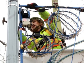 Crews from Can Traffic Services Ltd. placed Christmas decorations on light stands along 100 Street near 102 A Avenue, in Edmonton, on Thursday. November 24, 2022.