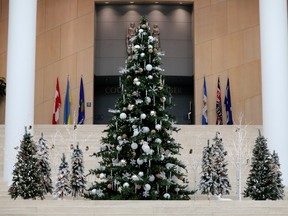 A Christmas tree and Christmas decorations are set up at Edmonton City Hall, Thursday, November 24, 2022.