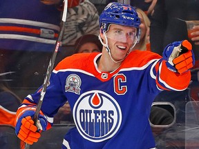 Nov 3, 2022; Edmonton, Alberta, CAN; Edmonton Oilers forward Connor McDavid (97) celebrates after scoring a goal during the first period against New Jersey Devils the at Rogers Place. Mandatory Credit: Perry Nelson-USA TODAY Sports