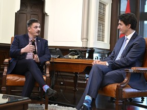 Prime Minister Justin Trudeau meets with Nunavut Premier P.J. Akeeagok in his office on Parliament Hill in Ottawa, on Monday, Oct. 24, 2022.