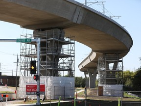 Scaffolding now surrounds some of the concrete pillars along the elevated section of the Valley Line LRT, after cracks were discovered in 21 concrete pillars along the line, in Edmonton Friday Sept. 2, 2022. Photo By David Bloom