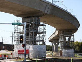 Scaffolding now surrounds some of the concrete piers on Sept. 2, 2022, along the elevated section of the Valley Line Southeast LRT line after cracks were discovered in 21 concrete piers.